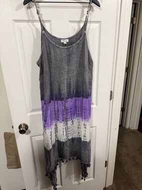Boho Gray and Purple Tie-Dye Maxi Dress with Tassel Hem